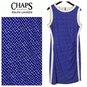 Chaps Ralph Lauren Dress Sz XL 14 16 Blue White Slinky Knit Ruched Slvlss